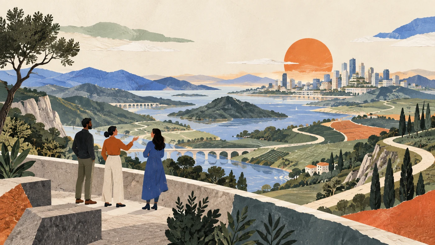 Illustration of people exploring several paths through a future landscape