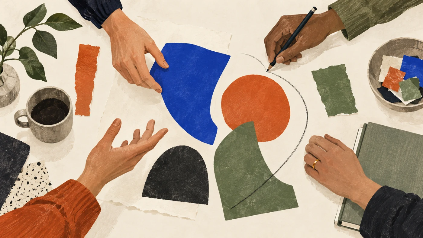 Illustration of different hands working with ideas and notes