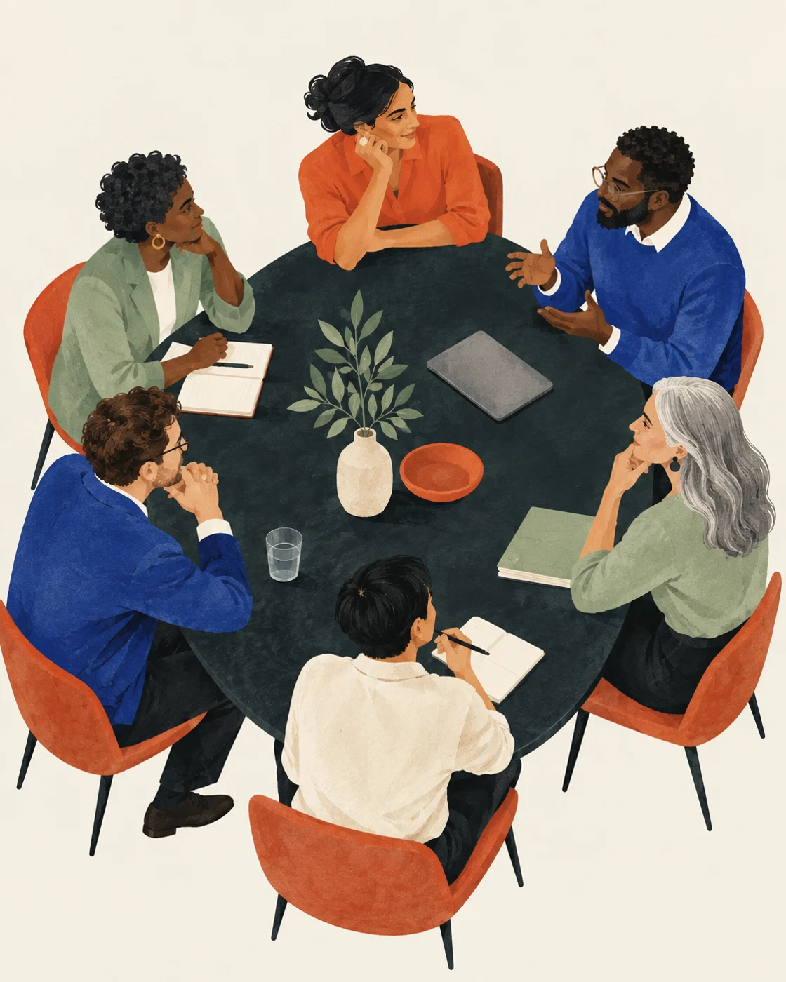 Illustration of people with different perspectives working around a shared table
